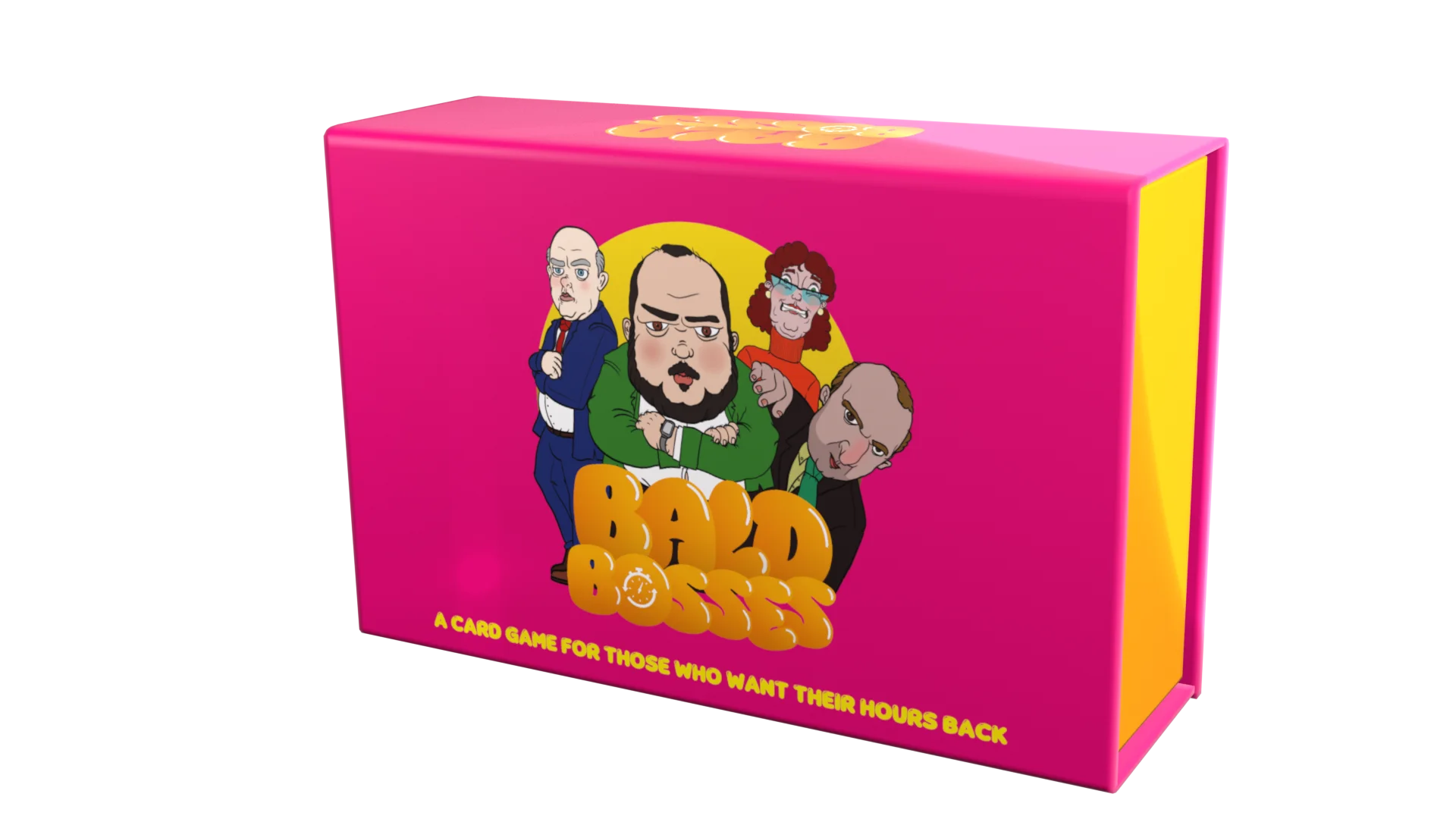 Bald Bosses game box surrounded by colorful cards — orange, aqua, yellow, purple, magenta